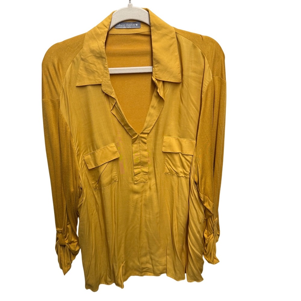 Olivia Moon Tunic Blouse Womens 3X Mustard Yellow Excellent Boho Earthy Pockets